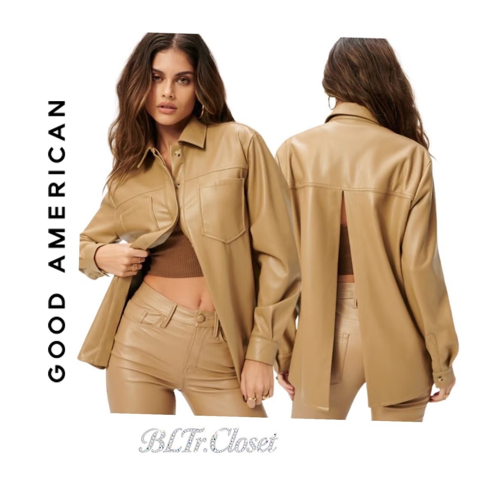 Good‎ American Tan Faux Leather Shacket Back Split Vent Button Down Jacket Tan
